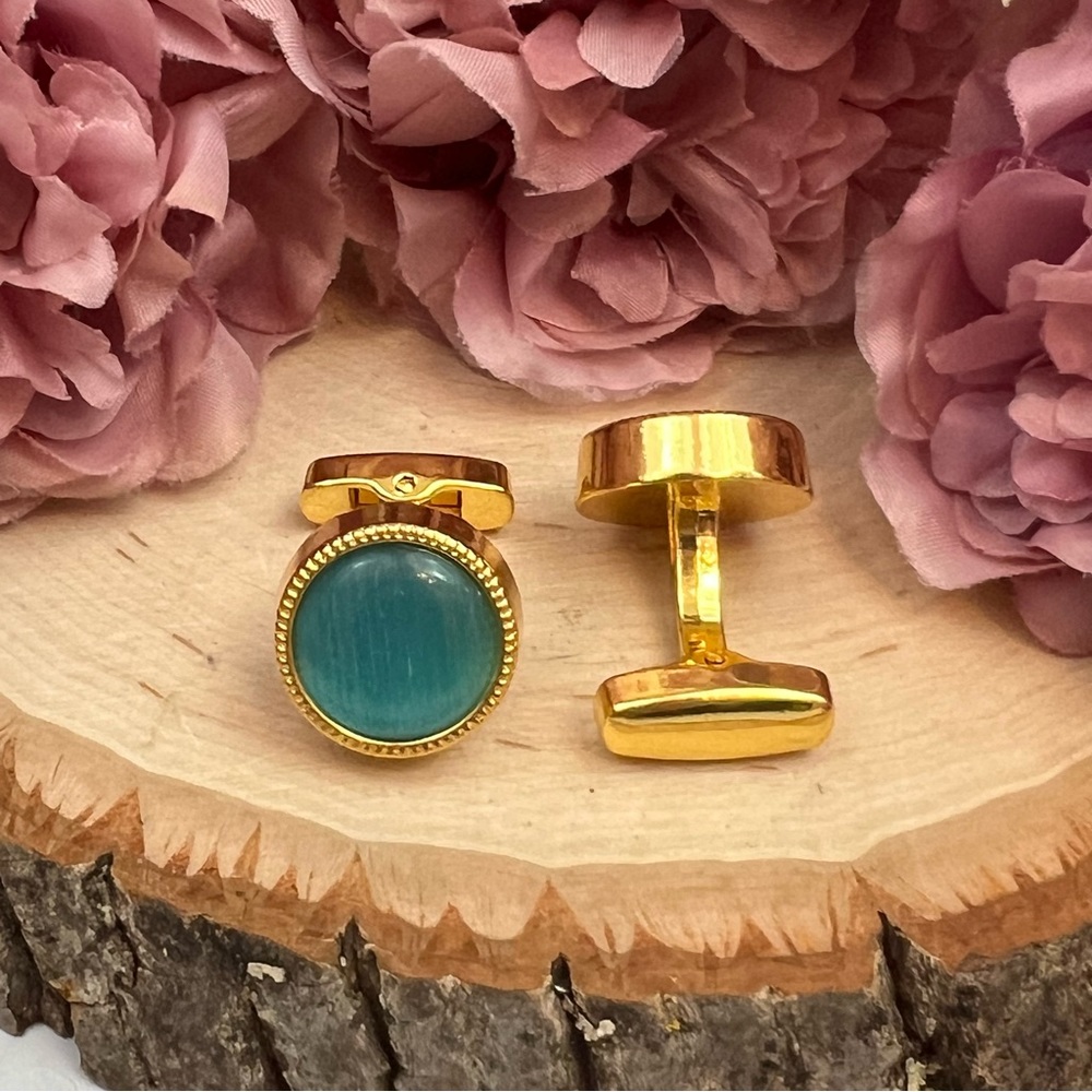 Elegant Round Caribbean Blue Aquamarine Cufflinks - Picture 8 of 16